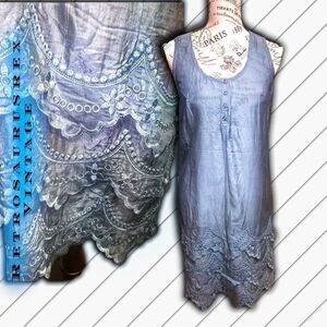 MONORENO Bohemian  Blue Silk Ruffled Embroidered Sun Dress, Large